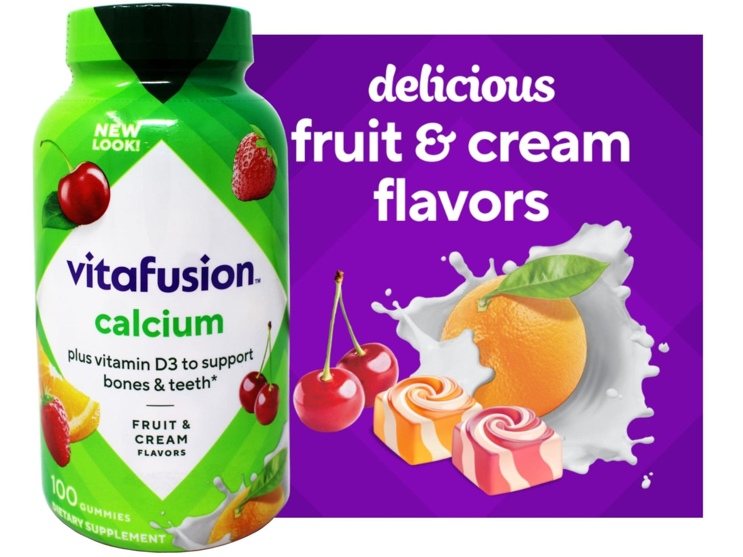 VitaFusion Calcium 500 mg Dietary Supplement Gummies Natural Fruit and Cream Flavors - 100 ct, Pack of 2 - Maple Wellness Supplements