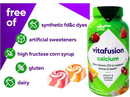 VitaFusion Calcium 500 mg Dietary Supplement Gummies Natural Fruit and Cream Flavors - 100 ct, Pack of 2 - Maple Wellness Supplements
