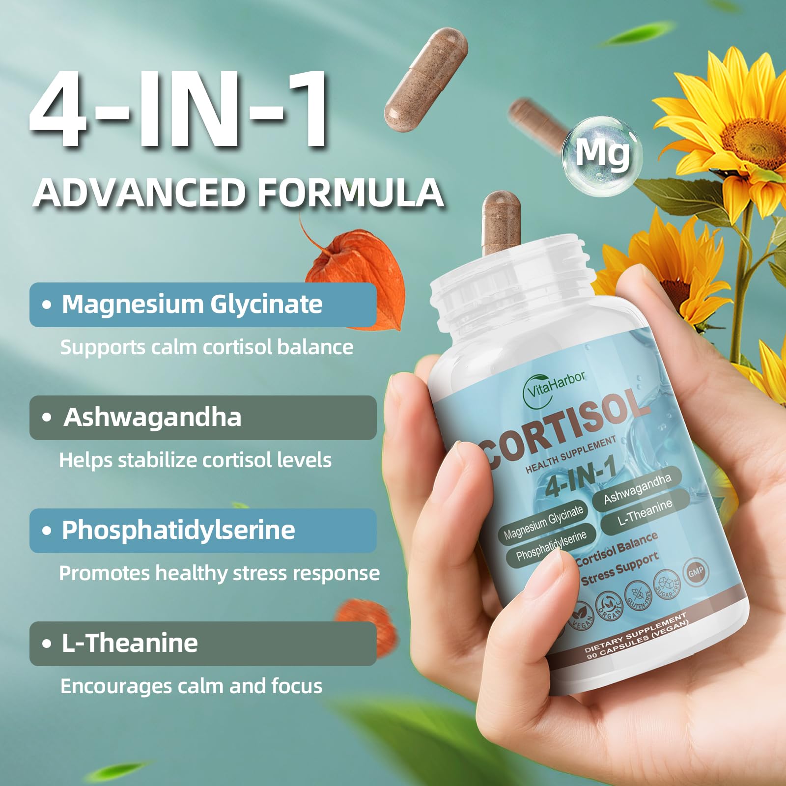 VitaHarbor Cortisol Supplement for Women and Men, 4-in-1 Cortisol Reducer with Magnesium Glycinate, Ashwagandha, Phosphatidylserine, L-Theanine, for Relaxation & Calm Support, 90 Veg Caps - Maple Wellness Supplements