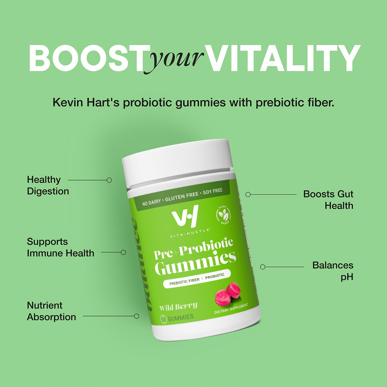 VitaHustle Probiotic Gummies + Prebiotics by Kevin Hart with Chicory Root Inulin Fiber - Maple Wellness Supplements