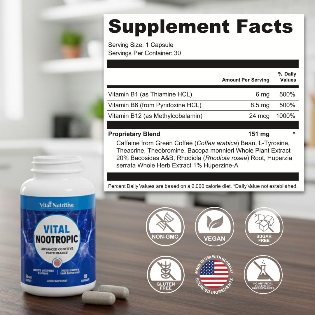 Vital Nootropic 12-in-1 Brain Supplement for Memory, Focus & Energy Support – L-Tyrosine, Bacopa, Rhodiola, Caffeine, B Vitamins – Cognitive Balance Capsules for Men & Women-30 Days Supply - Maple Wellness Supplements
