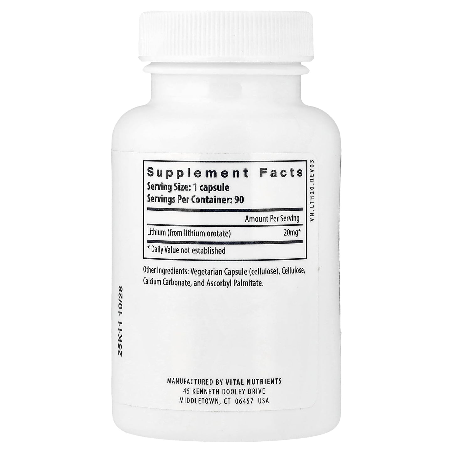 Vital Nutrients Lithium Orotate - Vegan Lithium Supplements for Memory, State of Mind, and Behavioral Health* - 20mg - Gluten, Dairy, Soy Free - 90 Capsules - Maple Wellness Supplements