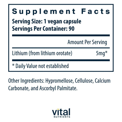 Vital Nutrients Lithium Orotate - Vegan Lithium Supplements for Memory, State of Mind, and Behavioral Health*- 5mg - Gluten, Dairy, Soy Free - 90 Capsules - Maple Wellness Supplements