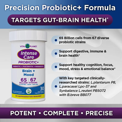 Vital Planet - Intense Care Brain & Mood Probiotics, Organic Prebiotics, Postbiotics, Parabiotics, Complete 4-in-1 Health Supplement for Adults, 65 Billion CFU, 67 Strains, Digestive and Immune 30 ct - Maple Wellness Supplements