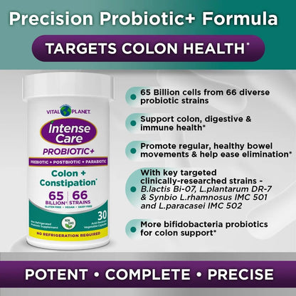 Vital Planet - Intense Care Colon & Constipation Probiotics Plus Organic Prebiotics, Postbiotics, Parabiotics, Complete 4-in-1 Health Supplement for Adults, 65 Billion CFU, 66 Strains, 30 ct - Maple Wellness Supplements