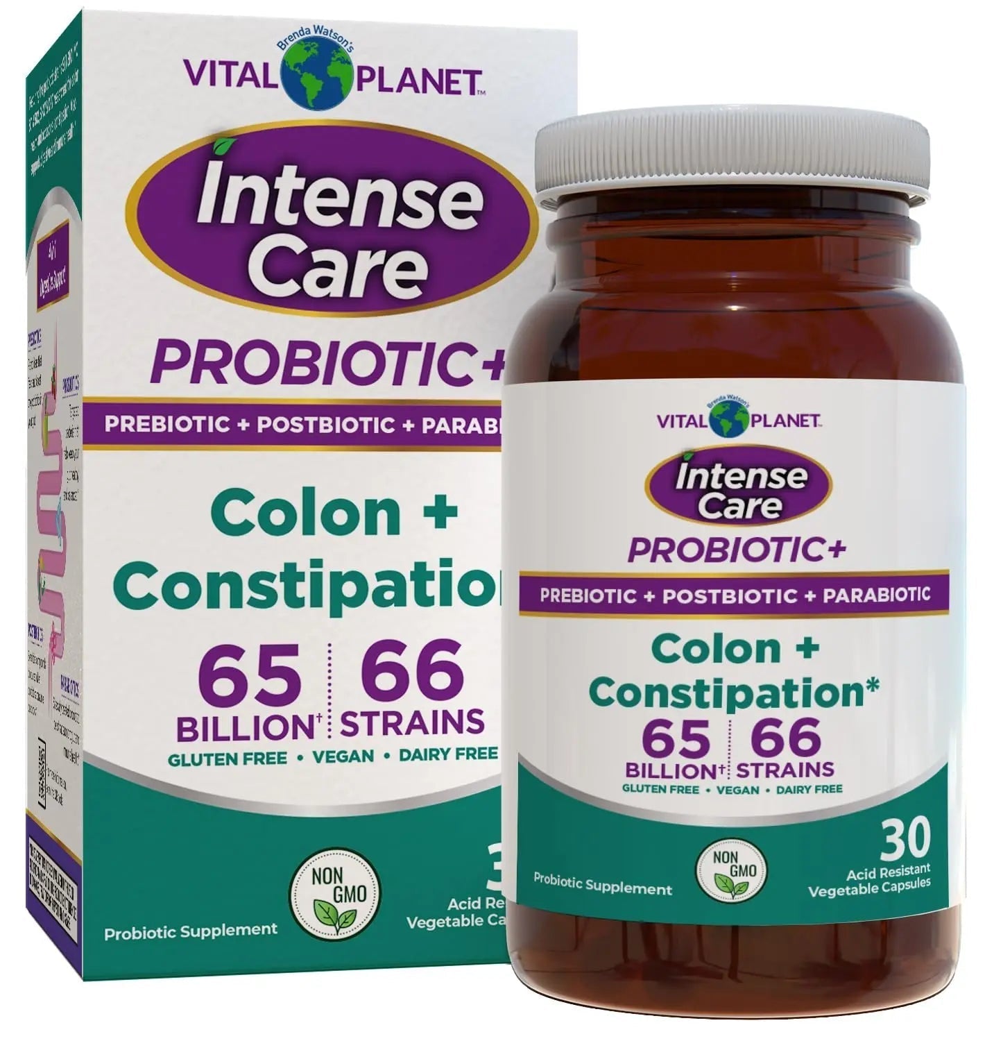 Vital Planet - Intense Care Colon & Constipation Probiotics, Prebiotics, Postbiotics, Parabiotics, 4-in-1 Refrigerated Supplement for Adults, 65 Billion CFU, 66 Strains, Digestive and Immune, 30 ct - Maple Wellness Supplements