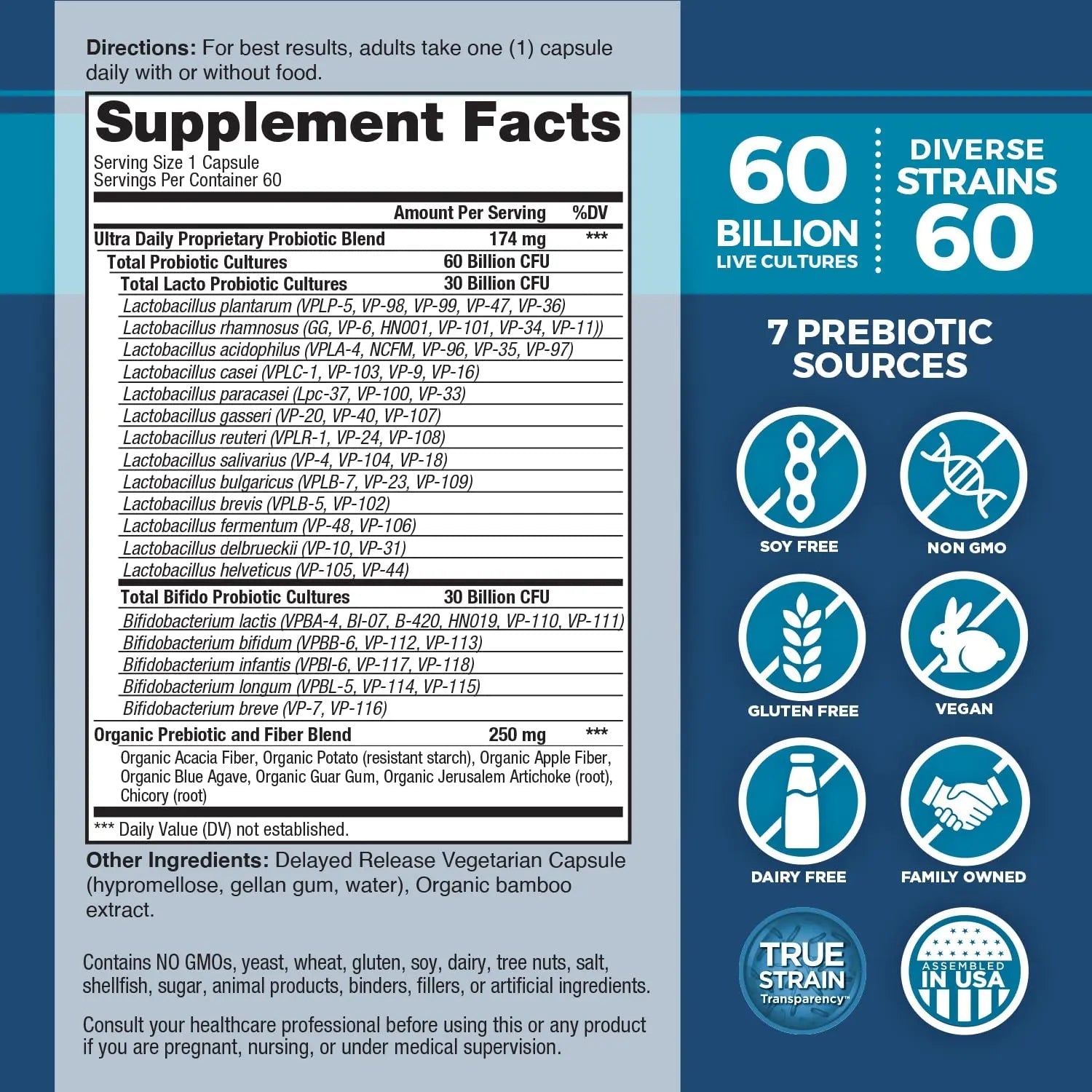 Vital Planet - Vital Flora Ultra Daily Probiotic 60 Billion CFU, Diverse Strains, Organic Prebiotics, Immune Support, Bloating Relief, Digestive Health Probiotics for Women and Men 60 Capsules - Maple Wellness Supplements