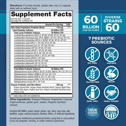 Vital Planet - Vital Flora Ultra Daily Probiotic 60 Billion CFU, Diverse Strains, Organic Prebiotics, Immune Support, Bloating Relief, Digestive Health Probiotics for Women and Men 60 Capsules - Maple Wellness Supplements