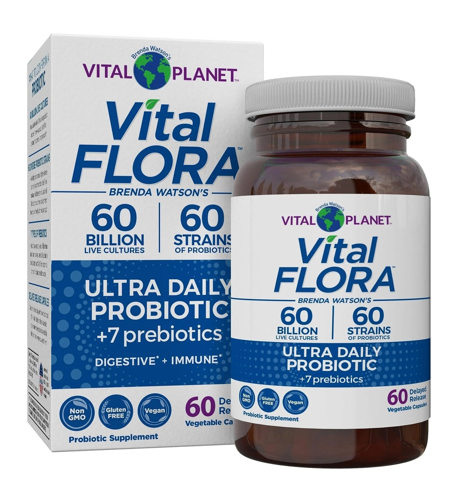 Vital Planet - Vital Flora Ultra Daily Probiotic 60 Billion CFU, Diverse Strains, Organic Prebiotics, Immune Support, Bloating Relief, Digestive Health Probiotics for Women and Men 60 Capsules - Maple Wellness Supplements