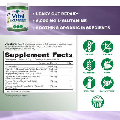 Vital Planet - Vital Gut Renew Powder Supplement for Leaky Gut Repair with L-Glutamine, Marshmallow and Ginger Root, DGL Licorice Root and Organic - Maple Wellness Supplements