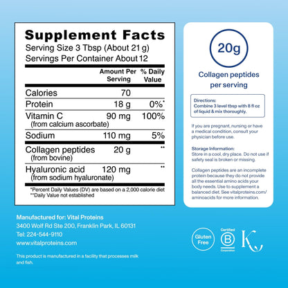 Vital Proteins Collagen Peptides Powder Advanced with Hyaluronic Acid & Vitamin C, Collagen Supplements, Unflavored, 12 Servings - Maple Wellness Supplements