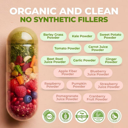 Vital Super Fruits & Veggies - Daily Superfood Capsules for Adults - Fruit & Vegetable Supplements to Boost Immunity & Energy - 2-in-1 Formula for Overall Wellness - Maple Wellness Supplements
