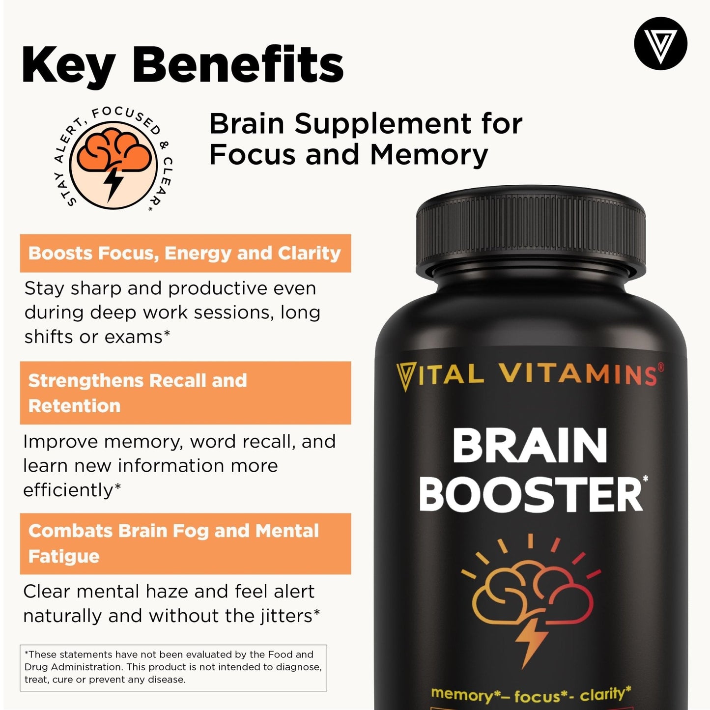 Vital Vitamins Brain Supplements with Bacopa Monnieri - for Memory and Focus – Nootropic Brain Booster - Caffeine-Free Support for Adults & Seniors – Non-GMO, 30-Day Supply, 30 Capsules - Maple Wellness Supplements