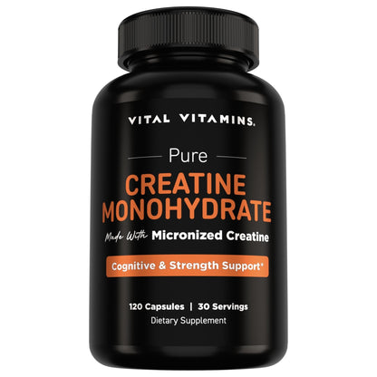 Vital Vitamins Creatine Monohydrate Pills for Women & Men - Micronized Creatine Capsules - Cognitive, Strength, Recovery Support - 3g (3000mg) per Serving - Vegan, Non-GMO, 120 Count - Maple Wellness Supplements