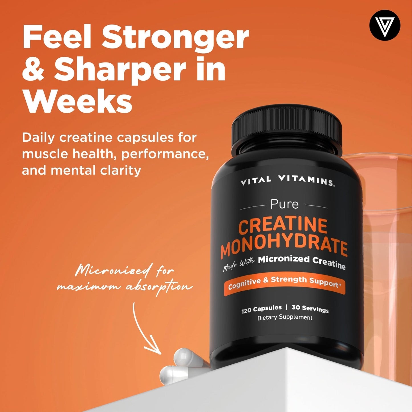 Vital Vitamins Creatine Monohydrate Pills for Women & Men - Micronized Creatine Capsules - Cognitive, Strength, Recovery Support - 3g (3000mg) per Serving - Vegan, Non-GMO, 120 Count - Maple Wellness Supplements