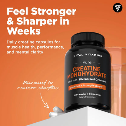 Vital Vitamins Creatine Monohydrate Pills for Women & Men - Micronized Creatine Capsules - Cognitive, Strength, Recovery Support - 3g (3000mg) per Serving - Vegan, Non-GMO, 120 Count - Maple Wellness Supplements