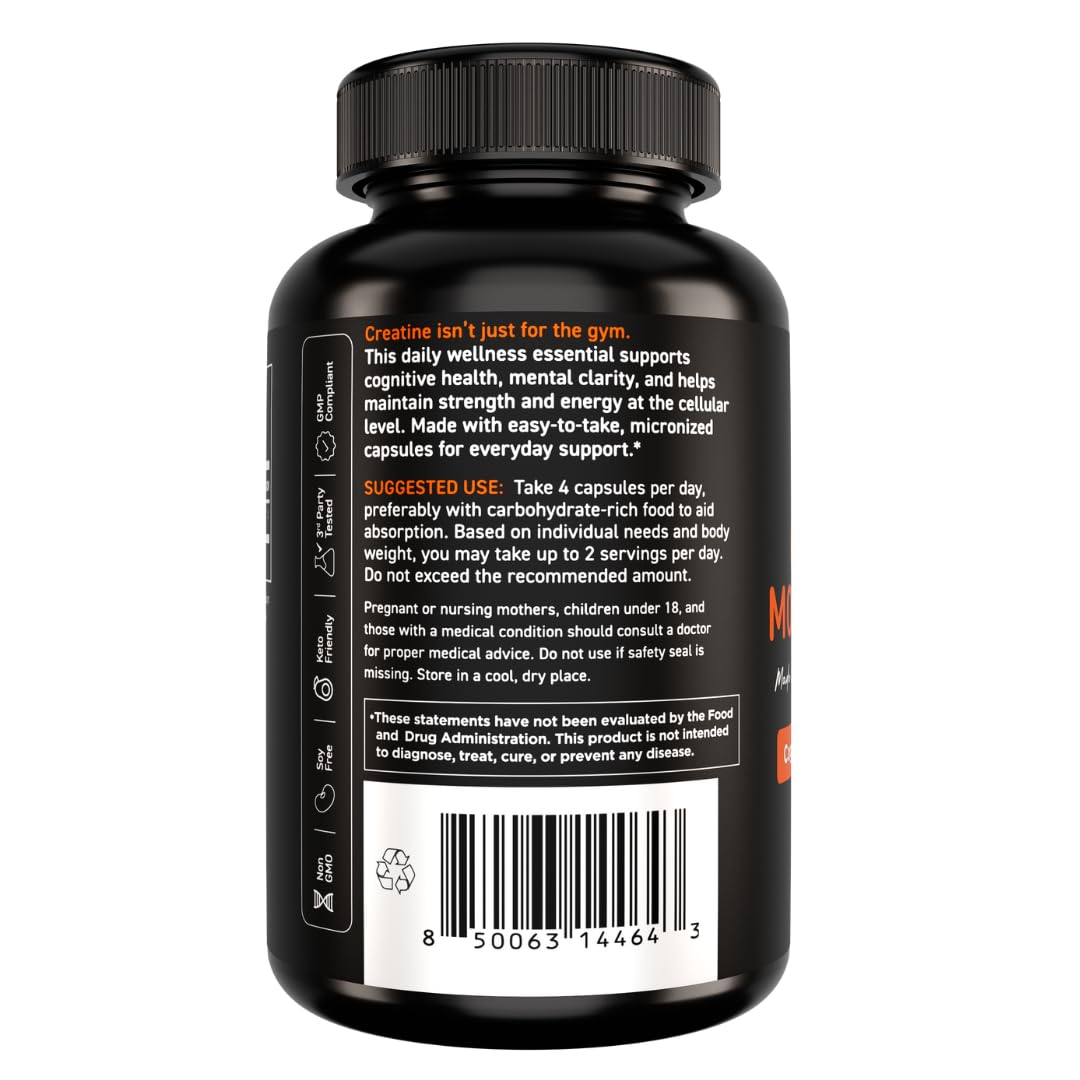 Vital Vitamins Creatine Monohydrate Pills for Women & Men - Micronized Creatine Capsules - Cognitive, Strength, Recovery Support - 3g (3000mg) per Serving - Vegan, Non-GMO, 120 Count - Maple Wellness Supplements