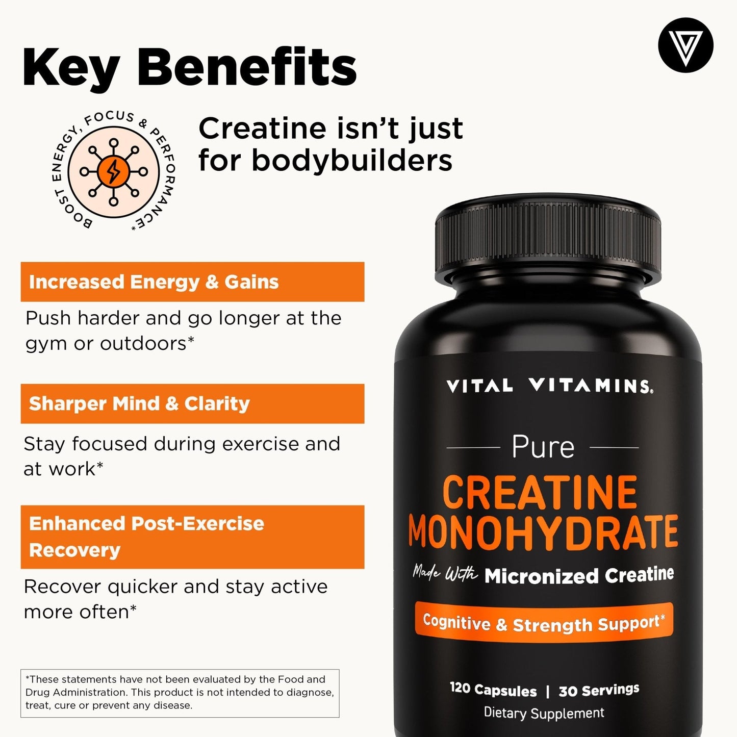 Vital Vitamins Creatine Monohydrate Pills for Women & Men - Micronized Creatine Capsules - Cognitive, Strength, Recovery Support - 3g (3000mg) per Serving - Vegan, Non-GMO, 120 Count - Maple Wellness Supplements