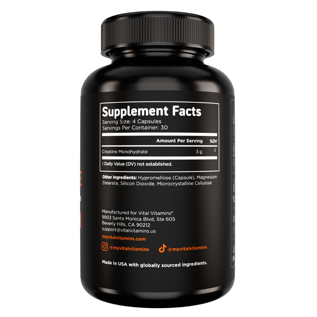 Vital Vitamins Creatine Monohydrate Pills for Women & Men - Micronized Creatine Capsules - Cognitive, Strength, Recovery Support - 3g (3000mg) per Serving - Vegan, Non-GMO, 120 Count - Maple Wellness Supplements