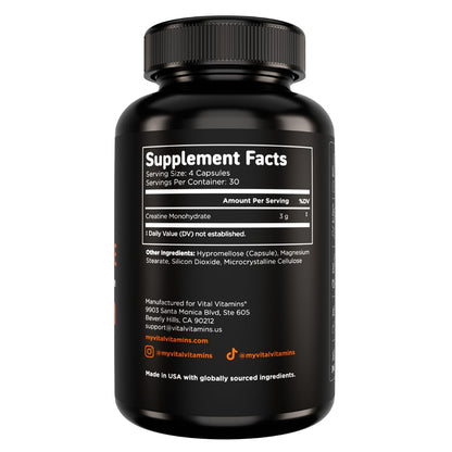 Vital Vitamins Creatine Monohydrate Pills for Women & Men - Micronized Creatine Capsules - Cognitive, Strength, Recovery Support - 3g (3000mg) per Serving - Vegan, Non-GMO, 120 Count - Maple Wellness Supplements