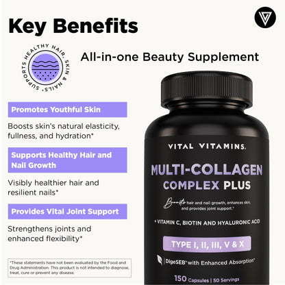 Vital Vitamins Multi Collagen Complex Plus - with Biotin, Hyaluronic Acid, Vitamin C - Type I, II, III, V, X - for Women & Men - Hair, Skin - Maple Wellness Supplements