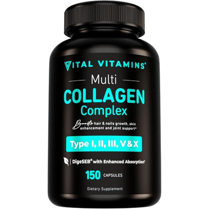 Vital Vitamins Multi Collagen for Women & Men - Type I, II, III, V, X - Grass Fed, Non-GMO - 150 Capsules - Maple Wellness Supplements