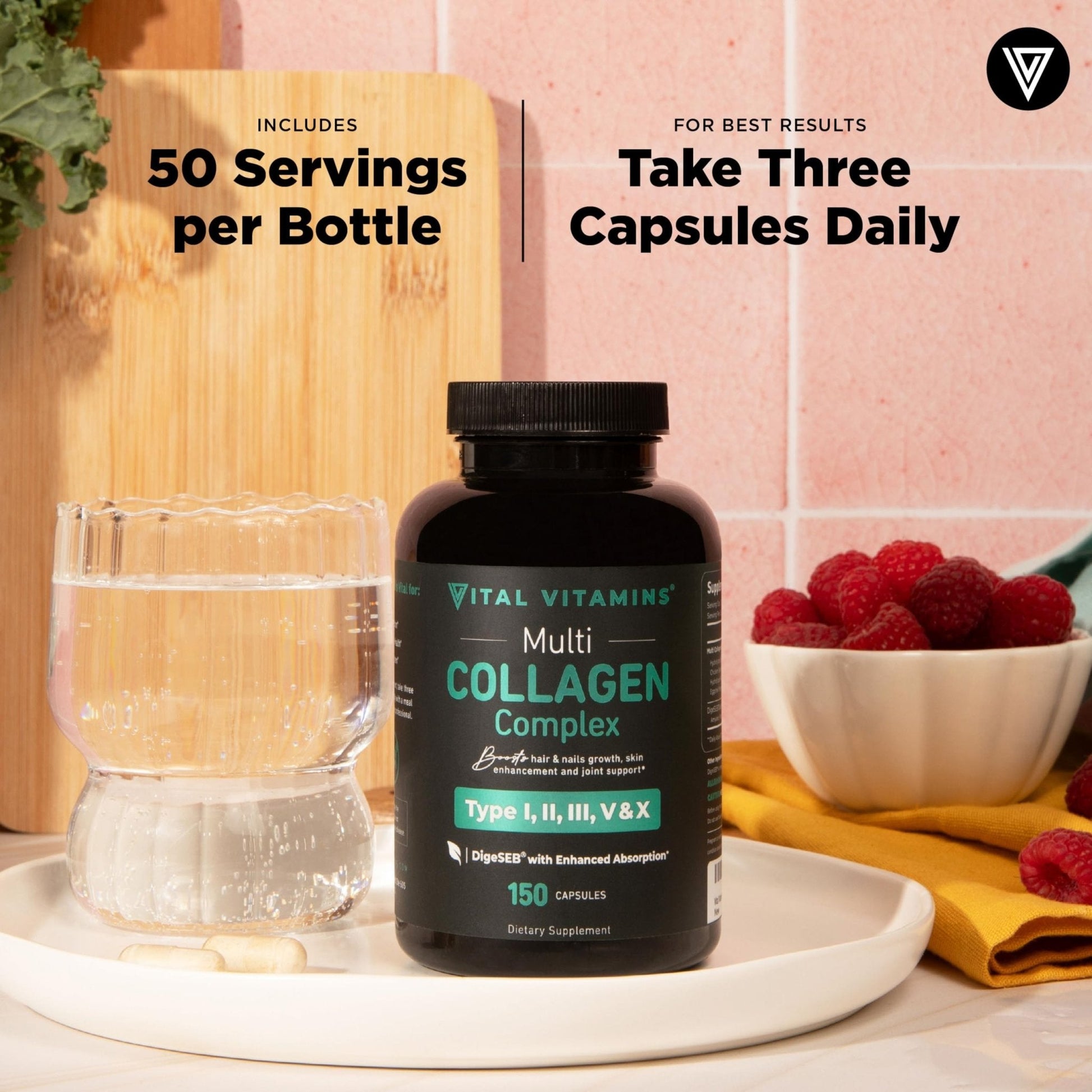 Vital Vitamins Multi Collagen for Women & Men - Type I, II, III, V, X - Grass Fed, Non-GMO - 150 Capsules - Maple Wellness Supplements