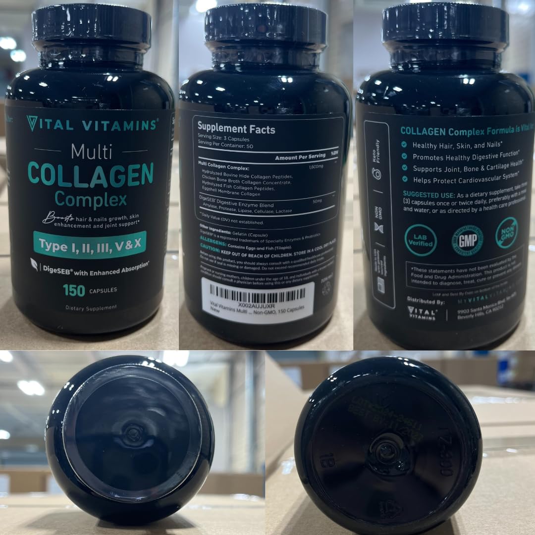 Vital Vitamins Multi Collagen for Women & Men - Type I, II, III, V, X - Grass Fed, Non-GMO - 150 Capsules - Maple Wellness Supplements