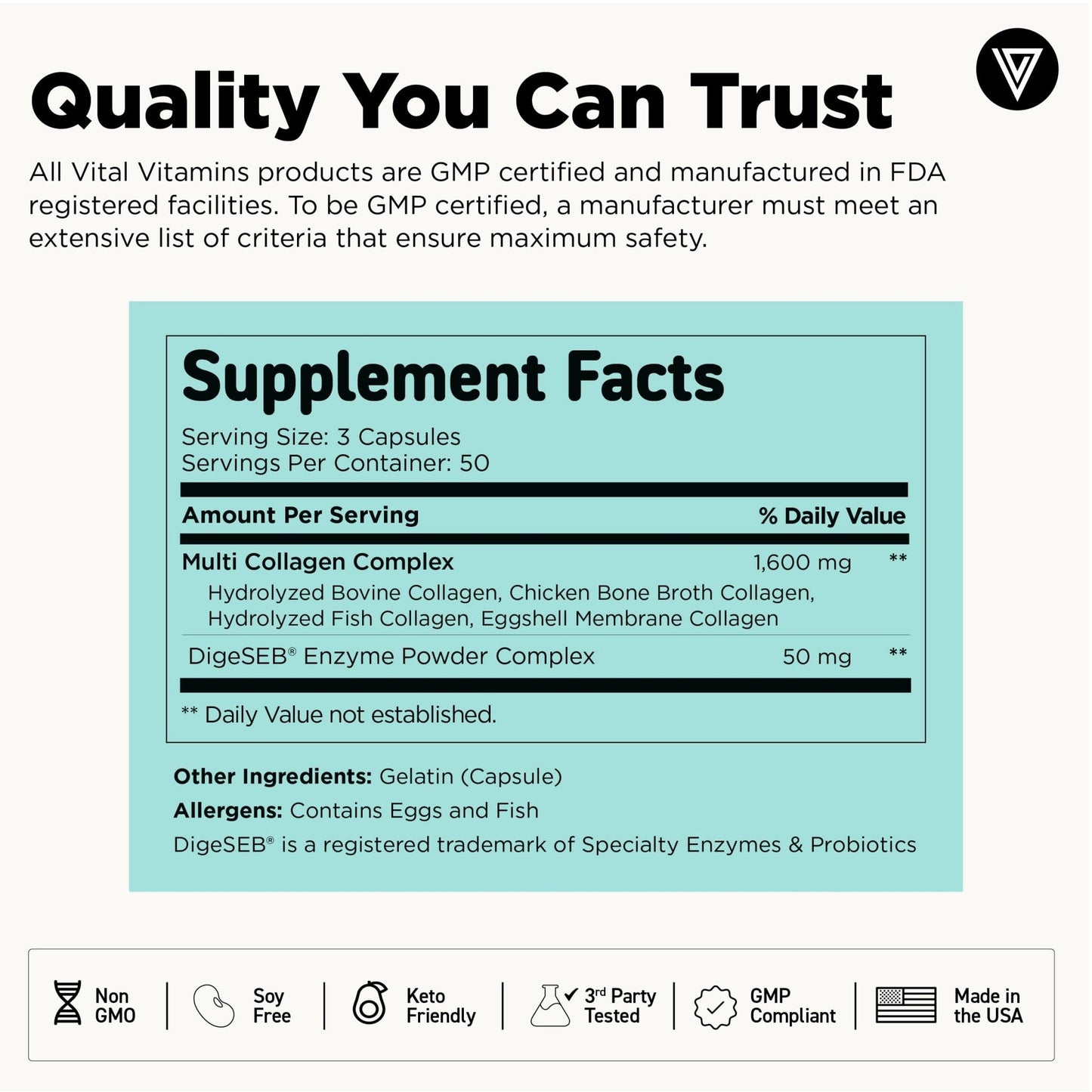 Vital Vitamins Multi Collagen for Women & Men - Type I, II, III, V, X - Grass Fed, Non-GMO - 150 Capsules - Maple Wellness Supplements