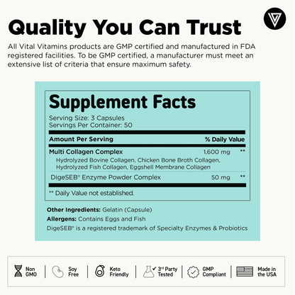 Vital Vitamins Multi Collagen for Women & Men - Type I, II, III, V, X - Grass Fed, Non-GMO - 150 Capsules - Maple Wellness Supplements
