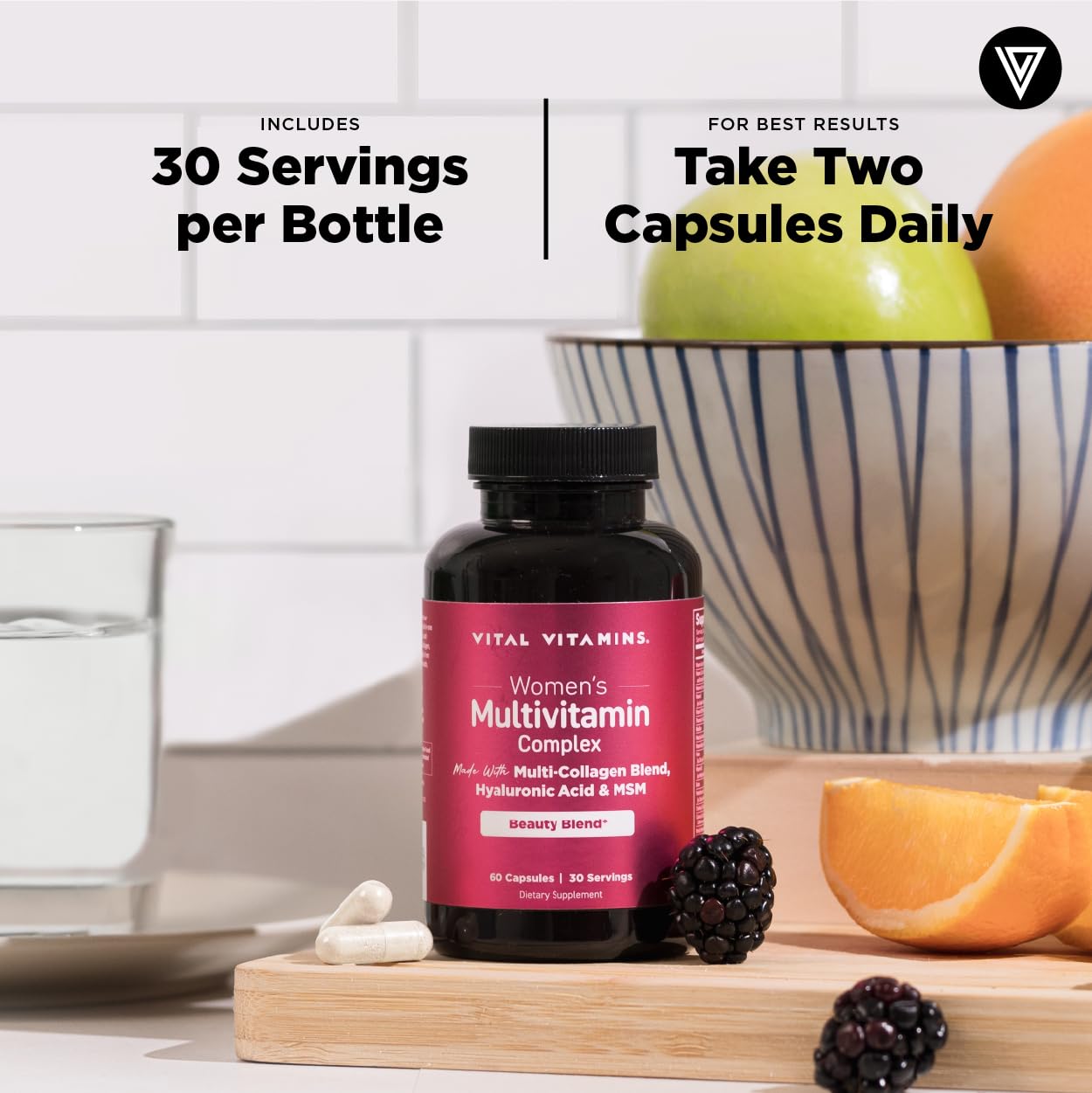 Vital Vitamins Women's Multivitamin Complex - Made with Multi-Collagen Blend, Hyaluronic Acid, & MSM - Beauty Multivitamins - with Vitamin A, C, E, B6, B12, D3-60 Capsules - Maple Wellness Supplements