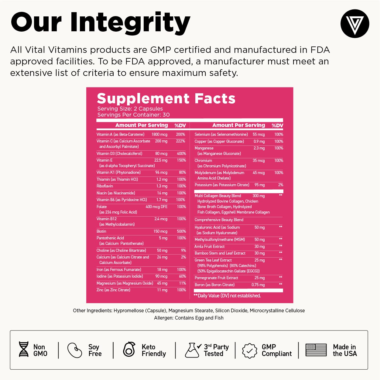 Vital Vitamins Women's Multivitamin Complex - Made with Multi-Collagen Blend, Hyaluronic Acid, & MSM - Beauty Multivitamins - with Vitamin A, C, E, B6, B12, D3-60 Capsules - Maple Wellness Supplements