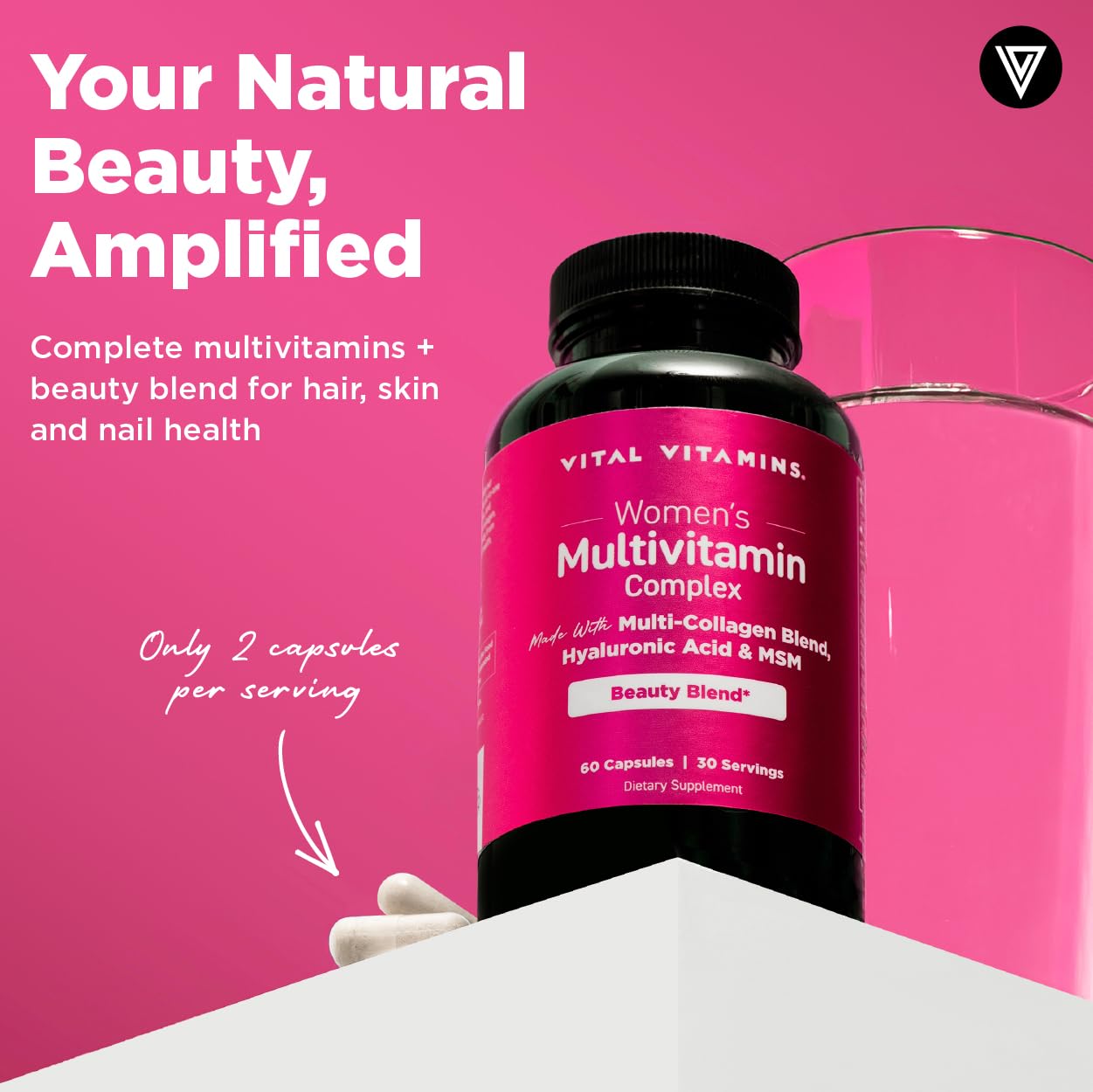 Vital Vitamins Women's Multivitamin Complex - Made with Multi-Collagen Blend, Hyaluronic Acid, & MSM - Beauty Multivitamins - with Vitamin A, C, E, B6, B12, D3-60 Capsules - Maple Wellness Supplements