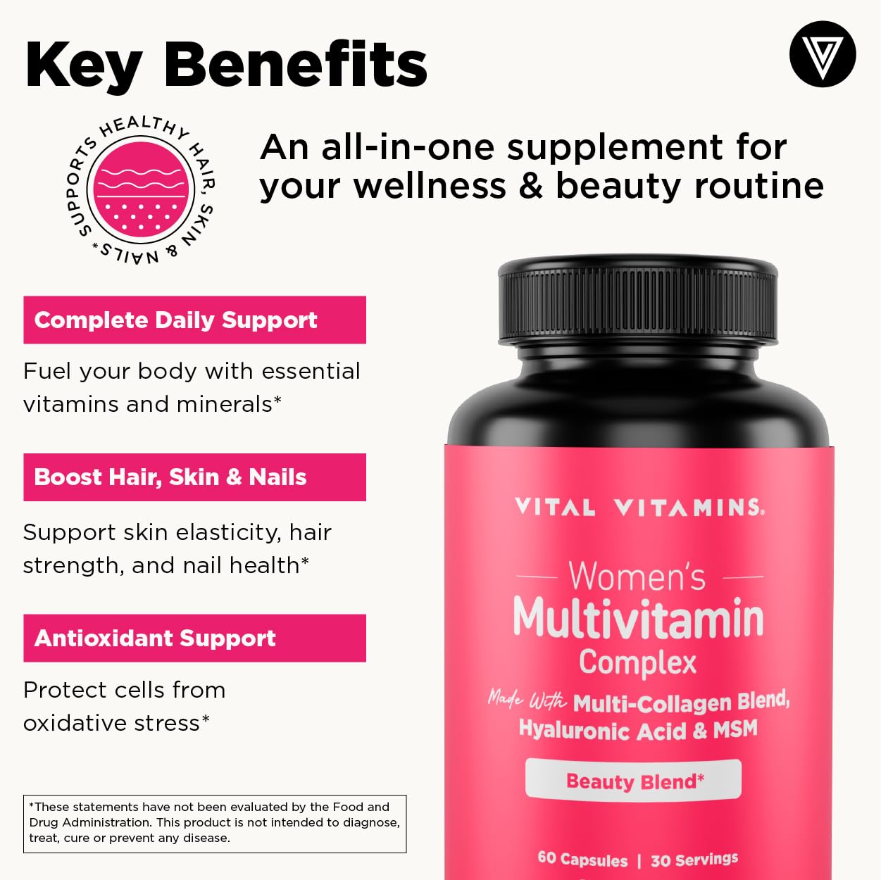 Vital Vitamins Women's Multivitamin Complex - Made with Multi-Collagen Blend, Hyaluronic Acid, & MSM - Beauty Multivitamins - with Vitamin A, C, E, B6, B12, D3-60 Capsules - Maple Wellness Supplements