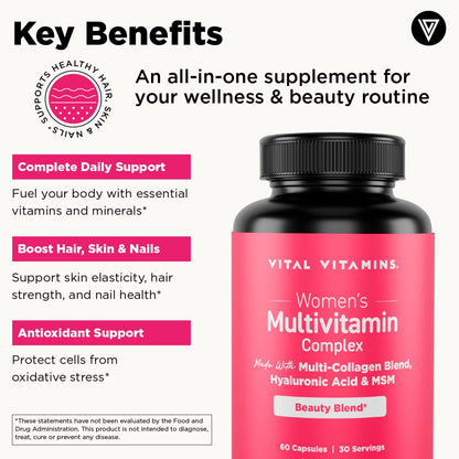 Vital Vitamins Women's Multivitamin Complex - Made with Multi-Collagen Blend, Hyaluronic Acid, & MSM - Beauty Multivitamins - with Vitamin A, C, E, B6, B12, D3-60 Capsules - Maple Wellness Supplements