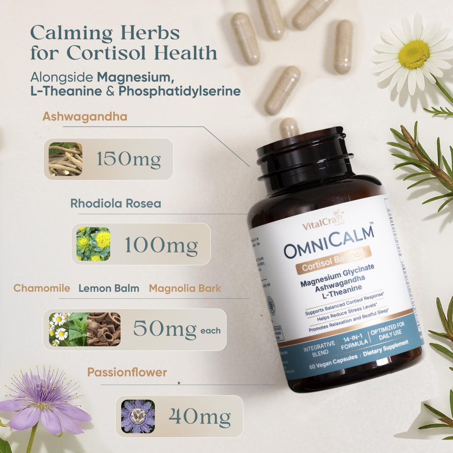 VITALCRAFT LABS OmniCalm Cortisol Supplements for Women & Men | Stress Relief & Sleep Support with Magnesium & Ashwagandha, L Theanine | 14-in-1 Cortisol Reducer, Manager, Detox – USA - Maple Wellness Supplements