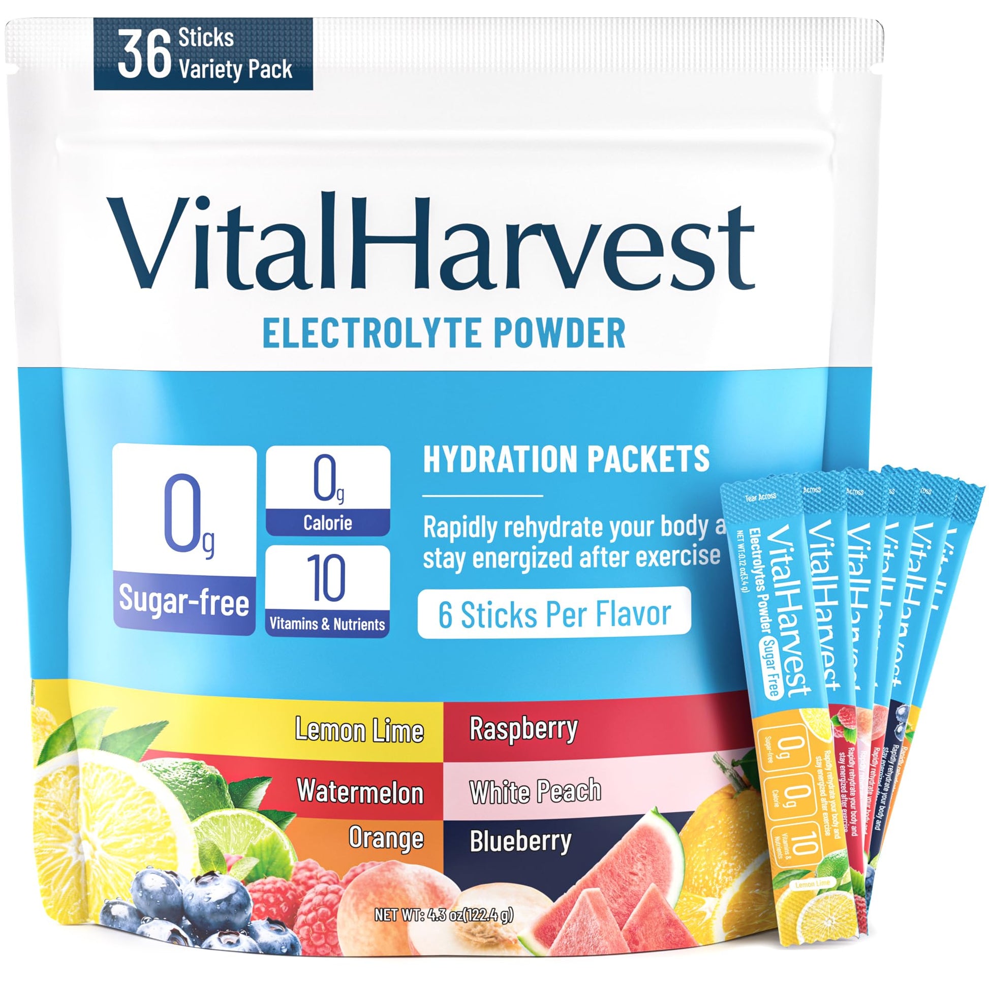 VitalHarvest 36 Sticks Electrolytes Powder Packets 6 Flavors Sugar Free Hydration Packets Electrolyte Liquid Daily IV Drink Mix with Lemon Lime, Watermelon, Orange - Maple Wellness Supplements