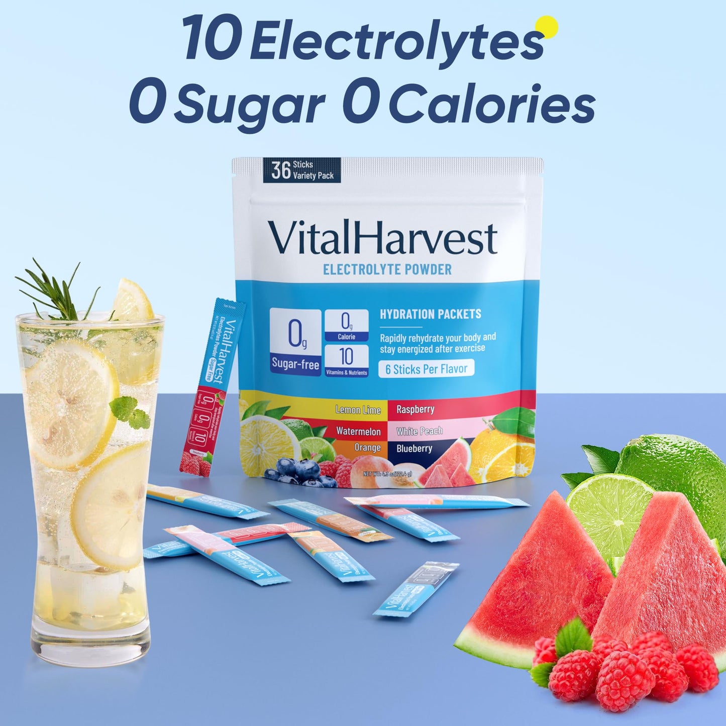 VitalHarvest 36 Sticks Electrolytes Powder Packets 6 Flavors Sugar Free Hydration Packets Electrolyte Liquid Daily IV Drink Mix with Lemon Lime, Watermelon, Orange - Maple Wellness Supplements