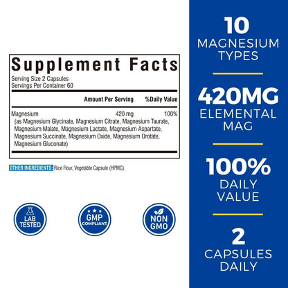 Vitalibre 10 in 1 Magnesium Complex, 420mg Elemental Magnesium | Ultra Strength, Max Absorption | Chelated Magnesium Supplement for Nerves, Bone & Heart Health | Non-GMO, 120 Vegan Capsules - Maple Wellness Supplements