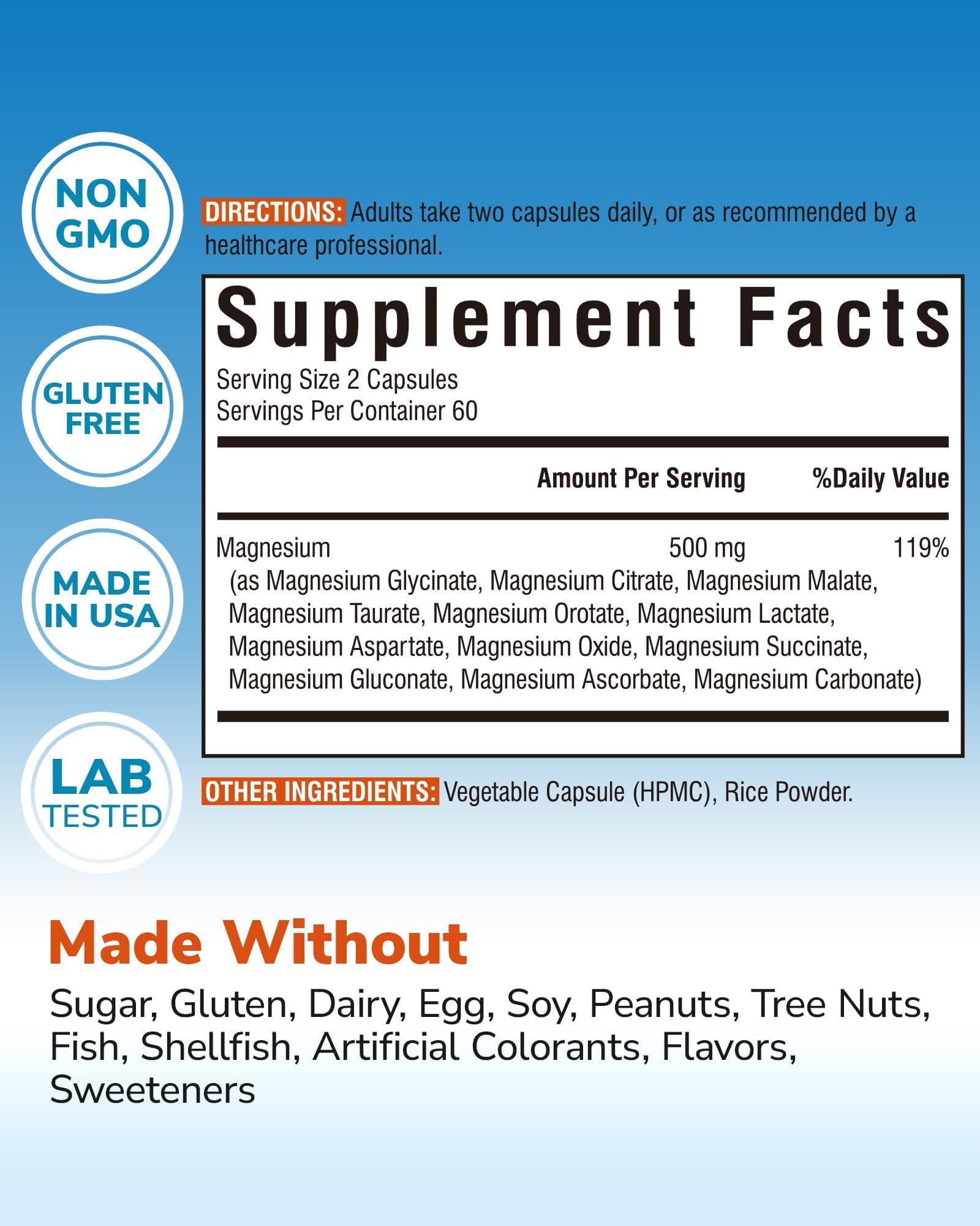 Vitalibre 12 in 1 Magnesium Complex Supplement 500mg | Max Absorption Chelated Magnesium Glycinate Citrate Malate & More for Bone, Nerve & Digestive Support | Non-GMO Vegan Capsules (120 Count) - Maple Wellness Supplements