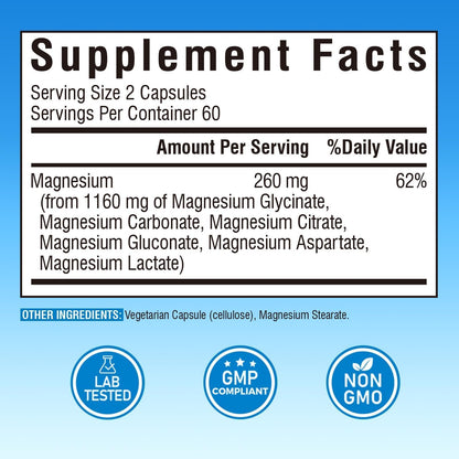 Vitalibre 6 in 1 Magnesium Complex for Women Men, 260mg Elemental Magnesium | Max Absorption | Chelated Magnesium Supplement for Bone, Relaxation & Nerves Support | Non-GMO, 120 Vegan Capsules - Maple Wellness Supplements