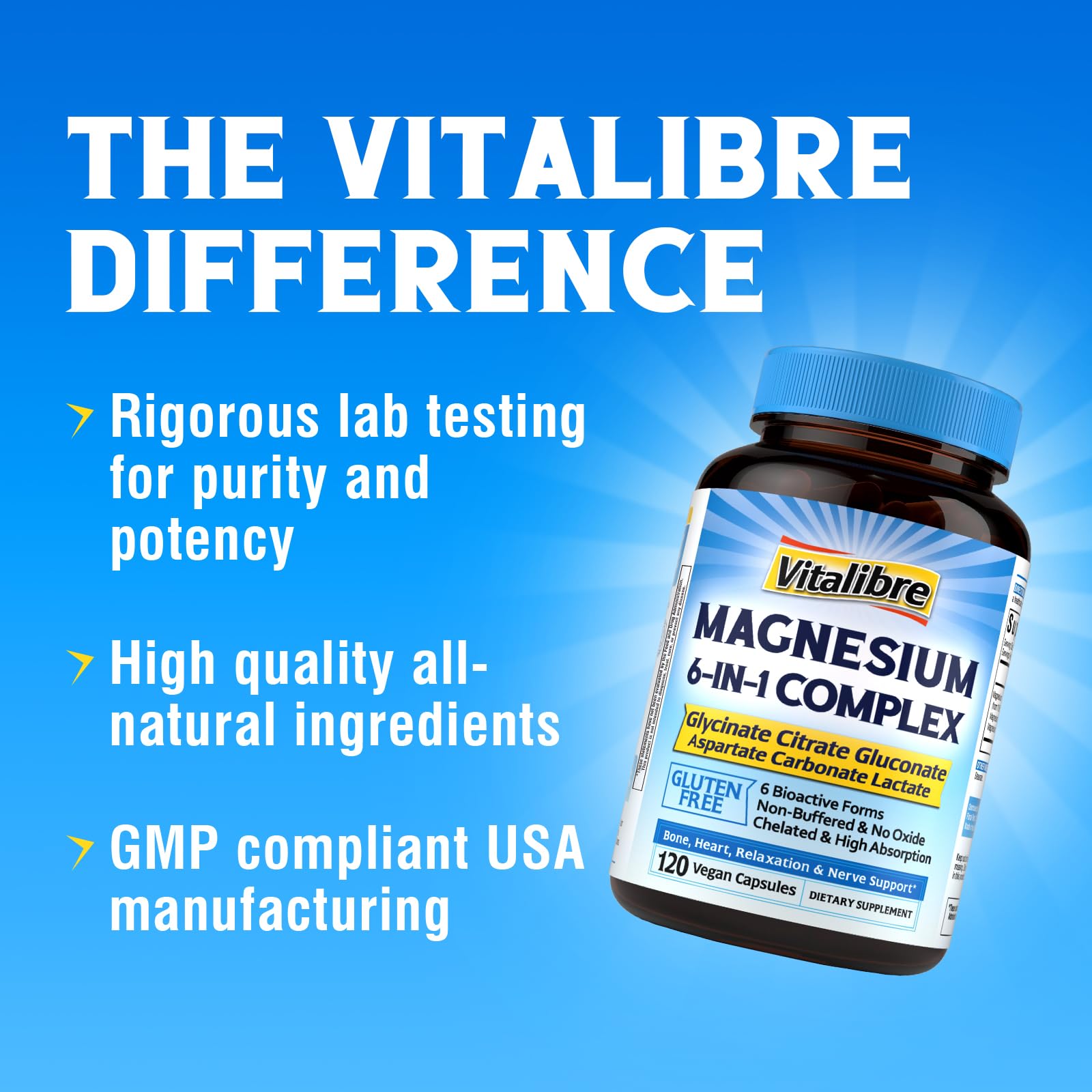 Vitalibre 6 in 1 Magnesium Complex for Women Men, 260mg Elemental Magnesium | Max Absorption | Chelated Magnesium Supplement for Bone, Relaxation & Nerves Support | Non-GMO, 120 Vegan Capsules - Maple Wellness Supplements