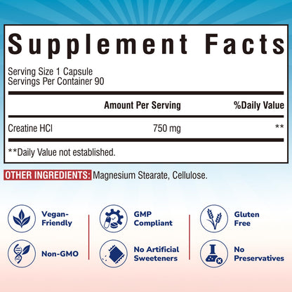 Vitalibre Creatine HCl Capsule, 750mg High Absorption Creatine Hydrochloride, Endurance, Strength, Fast Absorbing, No Load, No Bloat, Monohydrate Micronized Alternative, Once Daily, 90 Capsules - Maple Wellness Supplements