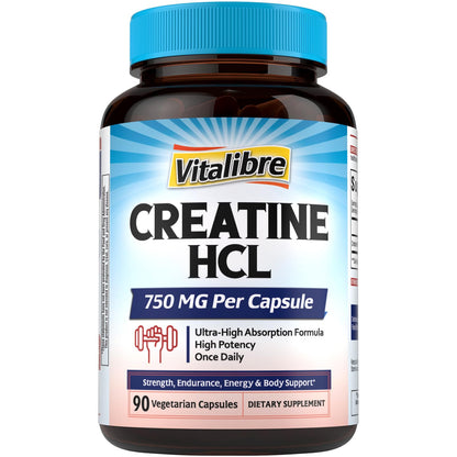 Vitalibre Creatine HCl Capsule, 750mg High Absorption Creatine Hydrochloride, Endurance, Strength, Fast Absorbing, No Load, No Bloat, Monohydrate Micronized Alternative, Once Daily, 90 Capsules - Maple Wellness Supplements