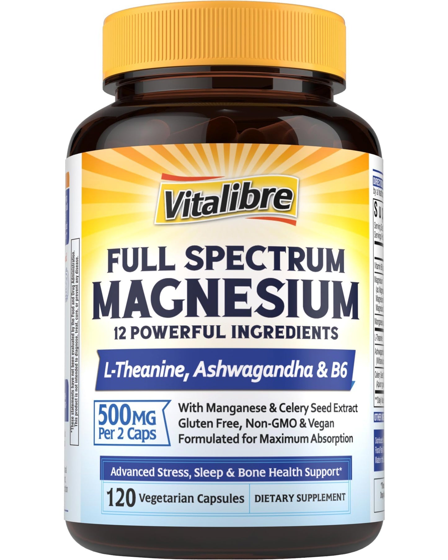 Vitalibre Magnesium Complex Supplement 500mg + Ashwagandha, L-Theanine, Vitamin B6 & Celery, High Absorption Magnesium Glycinate, Citrate, Malate, Sleep & Bone Support, 120 Vegan Capsules - Maple Wellness Supplements