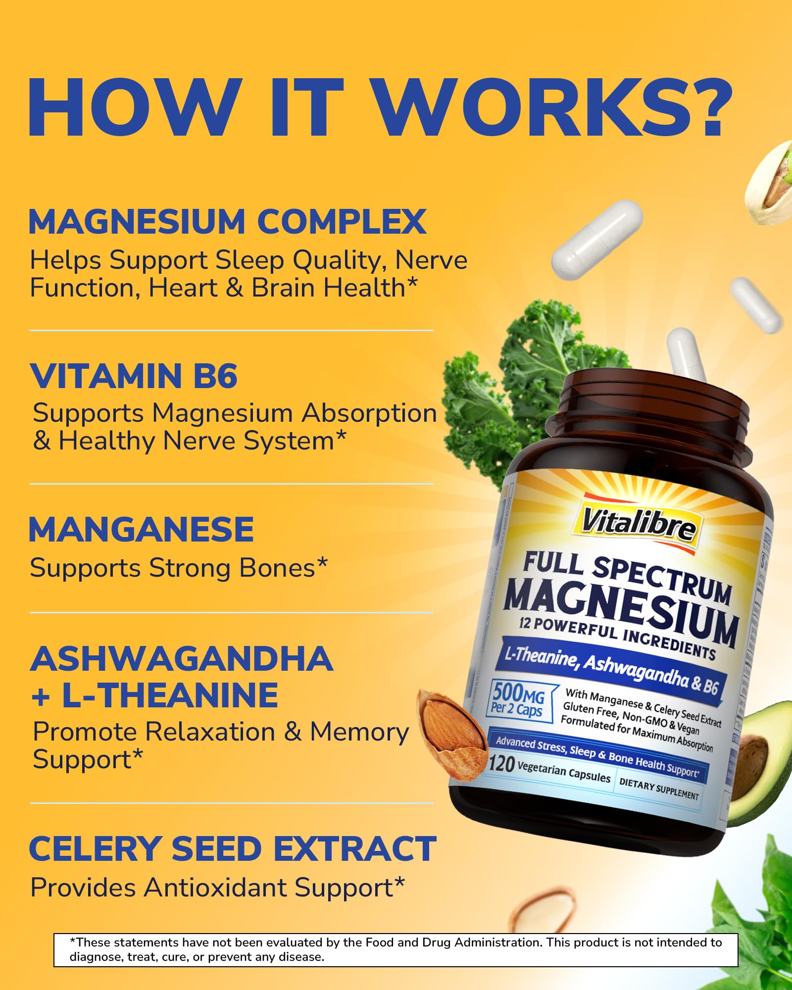 Vitalibre Magnesium Complex Supplement 500mg + Ashwagandha, L-Theanine, Vitamin B6 & Celery, High Absorption Magnesium Glycinate, Citrate, Malate, Sleep & Bone Support, 120 Vegan Capsules - Maple Wellness Supplements