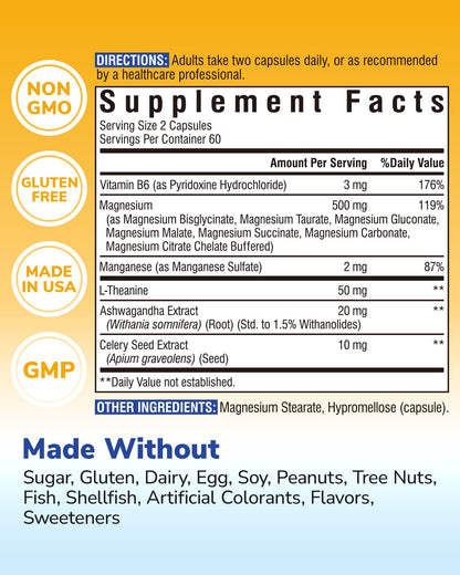 Vitalibre Magnesium Complex Supplement 500mg + Ashwagandha, L-Theanine, Vitamin B6 & Celery, High Absorption Magnesium Glycinate, Citrate, Malate, Sleep & Bone Support, 120 Vegan Capsules - Maple Wellness Supplements