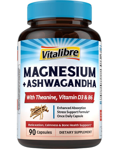 Vitalibre Magnesium Complex with Ashwagandha & L-Theanine - Stress Relief, Bone & Relaxation Support - w/Vitamin D3, B6 - Glycinate, Citrate, Malate, Taurate - 90 Vegan Capsules, Non-GMO, Gluten Free - Maple Wellness Supplements