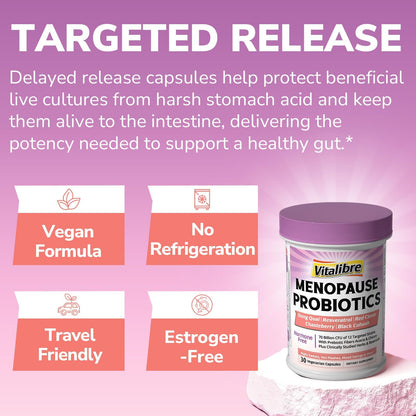 Vitalibre Menopause Probiotics for Women 70 Billion CFU, 12 Targeted Strains, Organic Prebiotics, Black Cohosh Resveratrol Red Clover Chasteberry Dong Quai, Hot Flash Night Sweat+, No Estrogen, 30 Ct - Maple Wellness Supplements