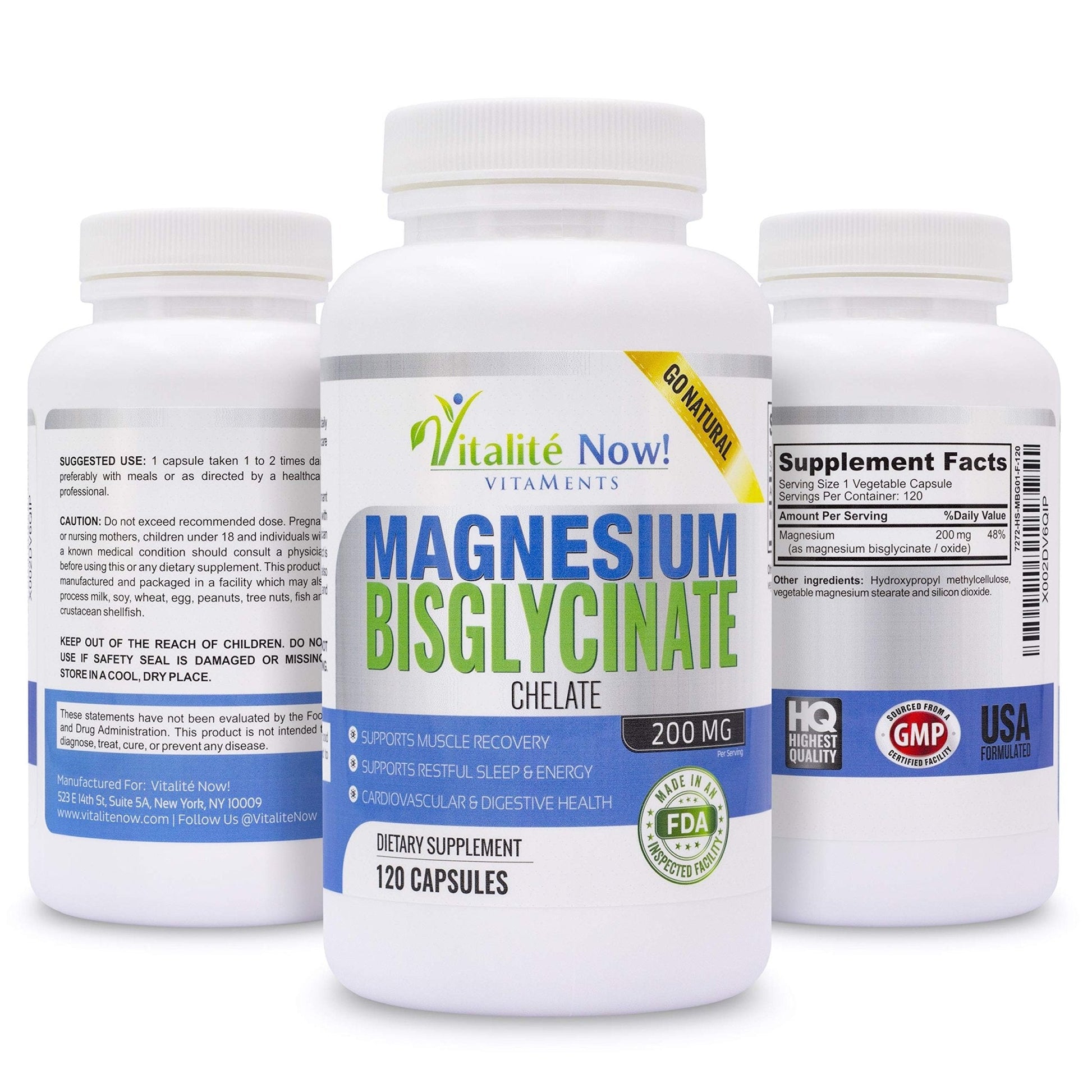 Vitalité Now! Magnesium Bisglycinate 200mg - 100% Chelated Capsules for Superior Absorption - Gentle Formula, No Laxative Effect - Sleep Energy Cramps Muscle Support - Fully Reacted & Buffered - Maple Wellness Supplements